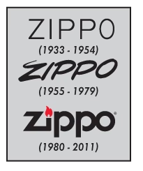 ZIPPO歴代ロゴ。1933〜1954年、1955〜1979年、1980〜2011年